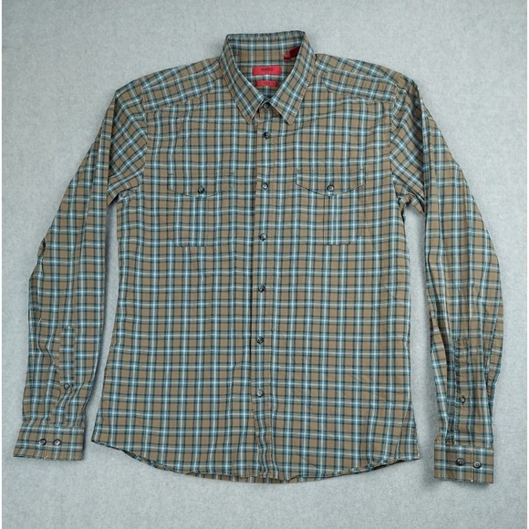 Hugo Boss Mens XL Slim Fit Green Blue Check Plaid Long Sleeve Button Front - Picture 1 of 5